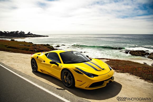 Yellow 458 Speciale on 17 Mile Drive. By Charlie Davis Photography