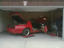 Working on the transmission swap in the brand new house, so much for the new shinny garage