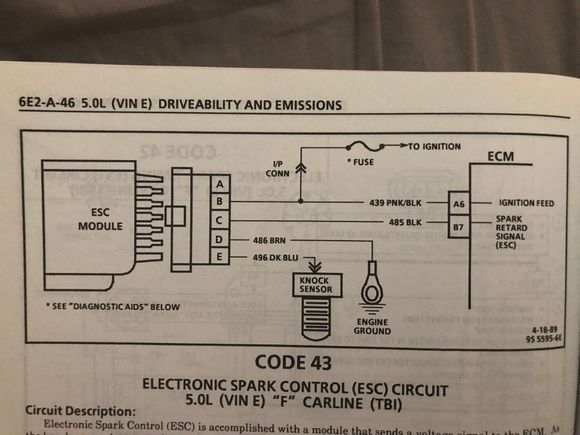 These photos are from a 1991 Camaro factory service manual. Looks like VIN E (TBI 5.0) has a dark blue wire for the Knock sensor. 