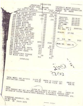 1987 IROC Z Convertible Dealer Papers 001 small