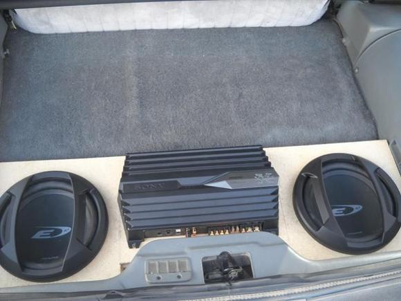 Two ten inch alpine subs with an 800 watt explode amp