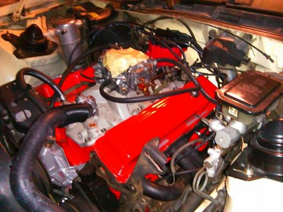 got it in atk 4 bolt main shortblock 357 with hedman headers and y pipe. summit big valve cast iron heads 1.5 rockers, preform thick walled pushrods, summit stage two cam and lifter set, performer intake, took off 1407 eldecrap carb and put a Rochester on it way better for daily driving