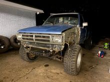 New headlight bucket on pass side, Lamps installed, old grill from my ship thrown on, 2wd fenders pulled. So far I’m into this for no money, I did an even swap on the tires and wheels for the ones that were on it and all parts I had on hand.  Will go to pick yard tomorrow in search of seats that fit.  