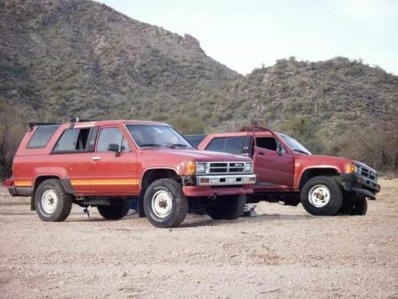My Uncle's Rig "Rudy" up front (ridiculousness under that hood) And my Rig in the back "Brown Eye." Have yet to start the build but have definitely started deconstruction.